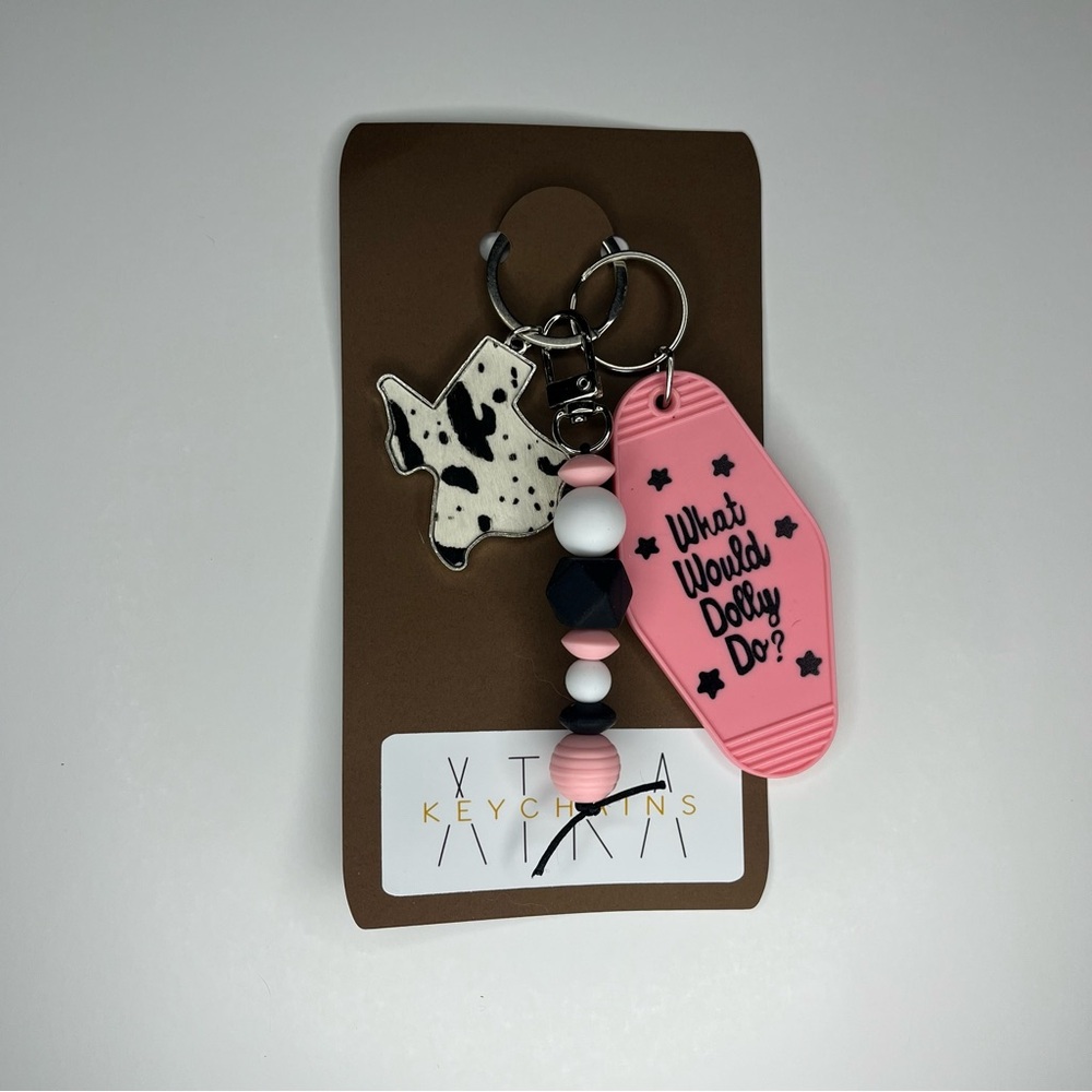 Pink and Black What Would Dolly Do? Texas Mohair Keychain Set